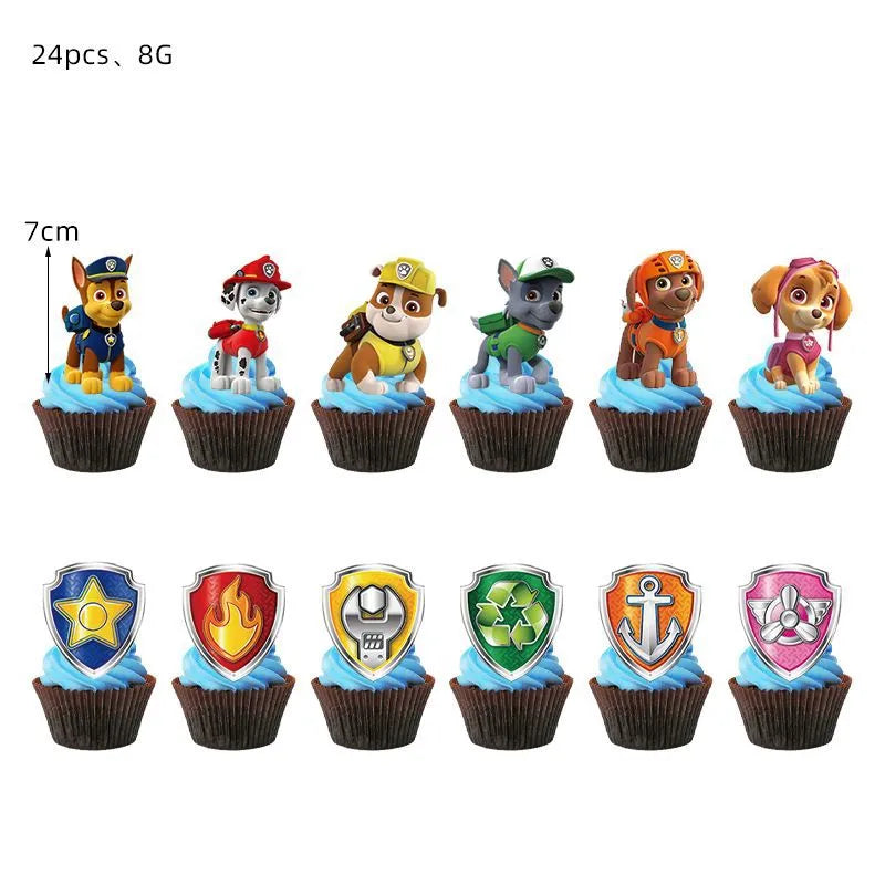 PAW Patrol Birthday Decoration Foil Balloon - Disposable Tableware Set Dog Chase Marshall Skye - For Kids Birthday Party Supplies-CupCake Topper-24pcs-