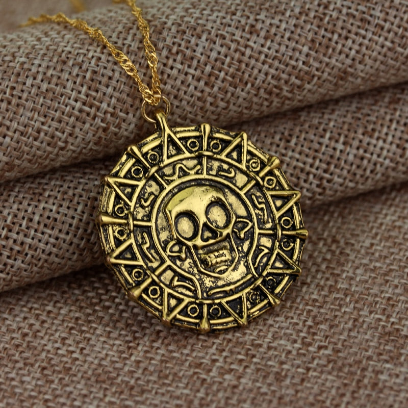 Pirates Of The Caribbean - Jack Sparrow Aztec Coin Medallion - Vintage Gold Bronze Or Silver - Movie Prop Replica Pendant & Necklace-