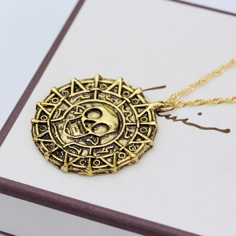 Pirates Of The Caribbean - Jack Sparrow Aztec Coin Medallion - Vintage Gold Bronze Or Silver - Movie Prop Replica Pendant & Necklace-