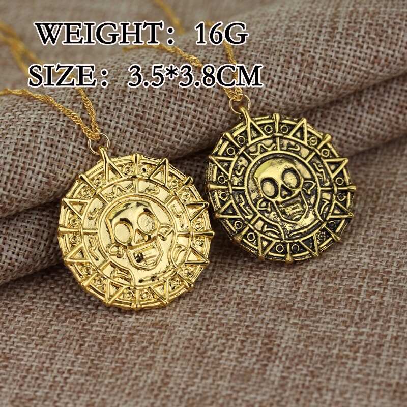 Pirates Of The Caribbean - Jack Sparrow Aztec Coin Medallion - Vintage Gold Bronze Or Silver - Movie Prop Replica Pendant & Necklace-