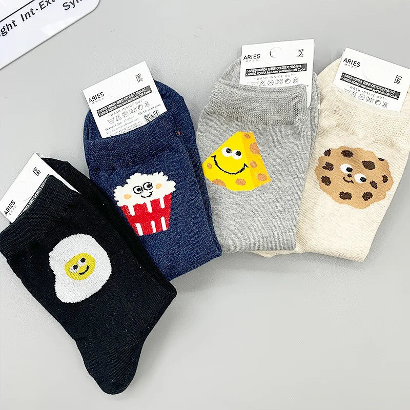 Popcorn Cheese Cartoon Food Print Socks - Woman Cotton Korean Soft Kawaii - Autumn Winter Casual Ladies Stockings-