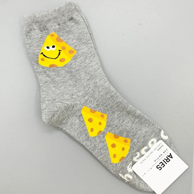 Popcorn Cheese Cartoon Food Print Socks - Woman Cotton Korean Soft Kawaii - Autumn Winter Casual Ladies Stockings-2-EUR 35-40-