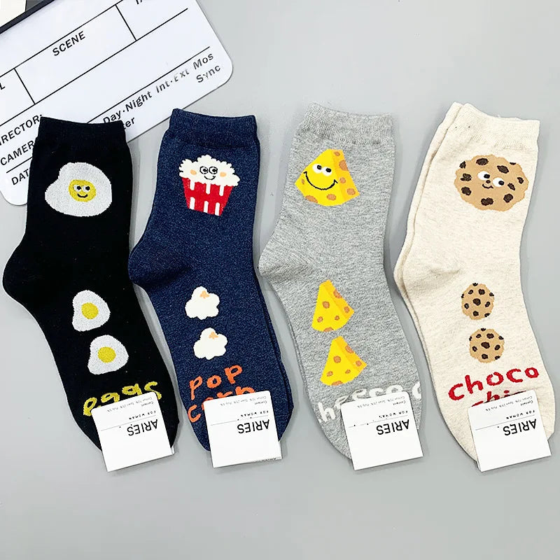 Popcorn Cheese Cartoon Food Print Socks - Woman Cotton Korean Soft Kawaii - Autumn Winter Casual Ladies Stockings-