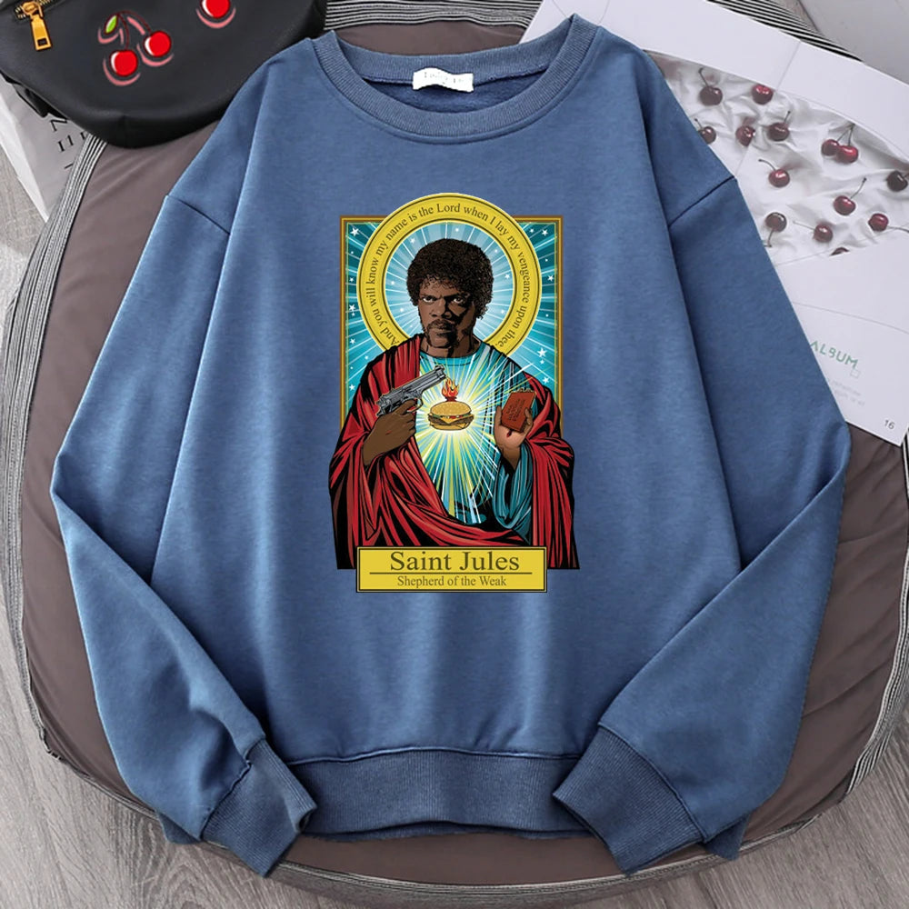 Pulp Fiction Hoodie – Saint Jules Graphic Sweatshirt for Full Hoodie Streetwear Style-Haze Blue-M-