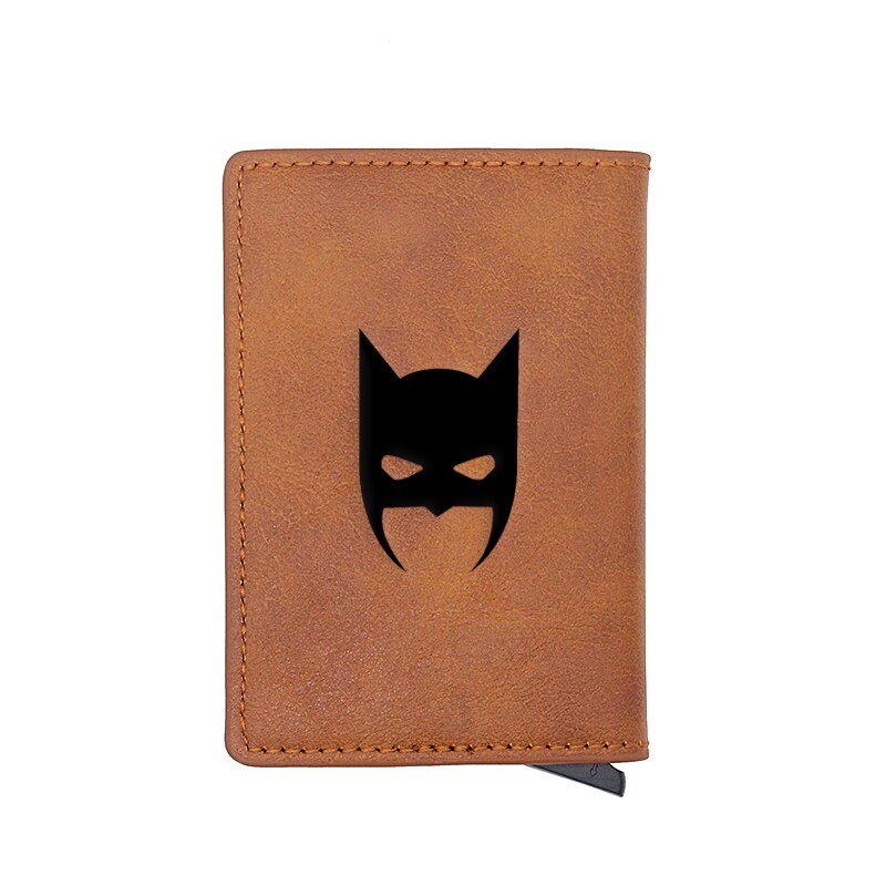 Retro Classic Bat Hero Head Design Card Holder Wallets Men Women Boy Rfid Leather Short Purse Slim Mini Wallet Small Money Bag-Brown-