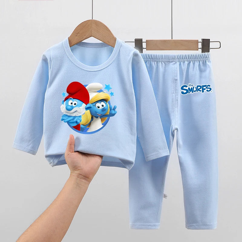 Anime Smurfs Kids Pajama Set - Long Sleeve Thicken Sleepwear Tops Pants, Cartoon Nightwear Retro Movie Gift-LJL 20-LJL 98-120-