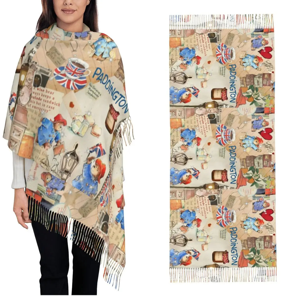 Womens Tassel Scarf Britain Paddington Brown Bear - Long Soft Warm Shawl and Wrap Cute Movie Cartoon Daily Wear Cashmere Scarf-As Shown-One Size-