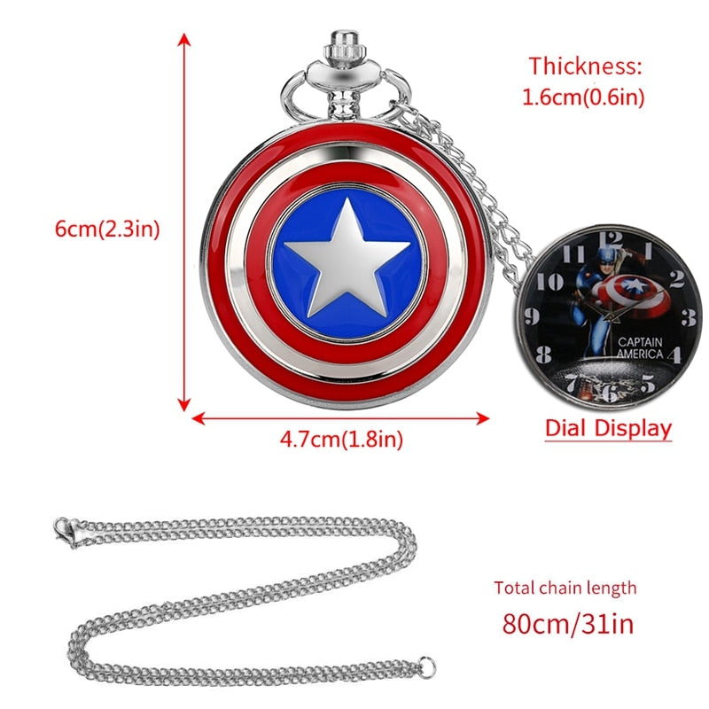 Classic Captain America Stars Shield - Romantic Steampunk Film Gift For Men & Women - Quartz Pocket Watch With Chain - Cult Movie Present-80cm Necklace Chain-