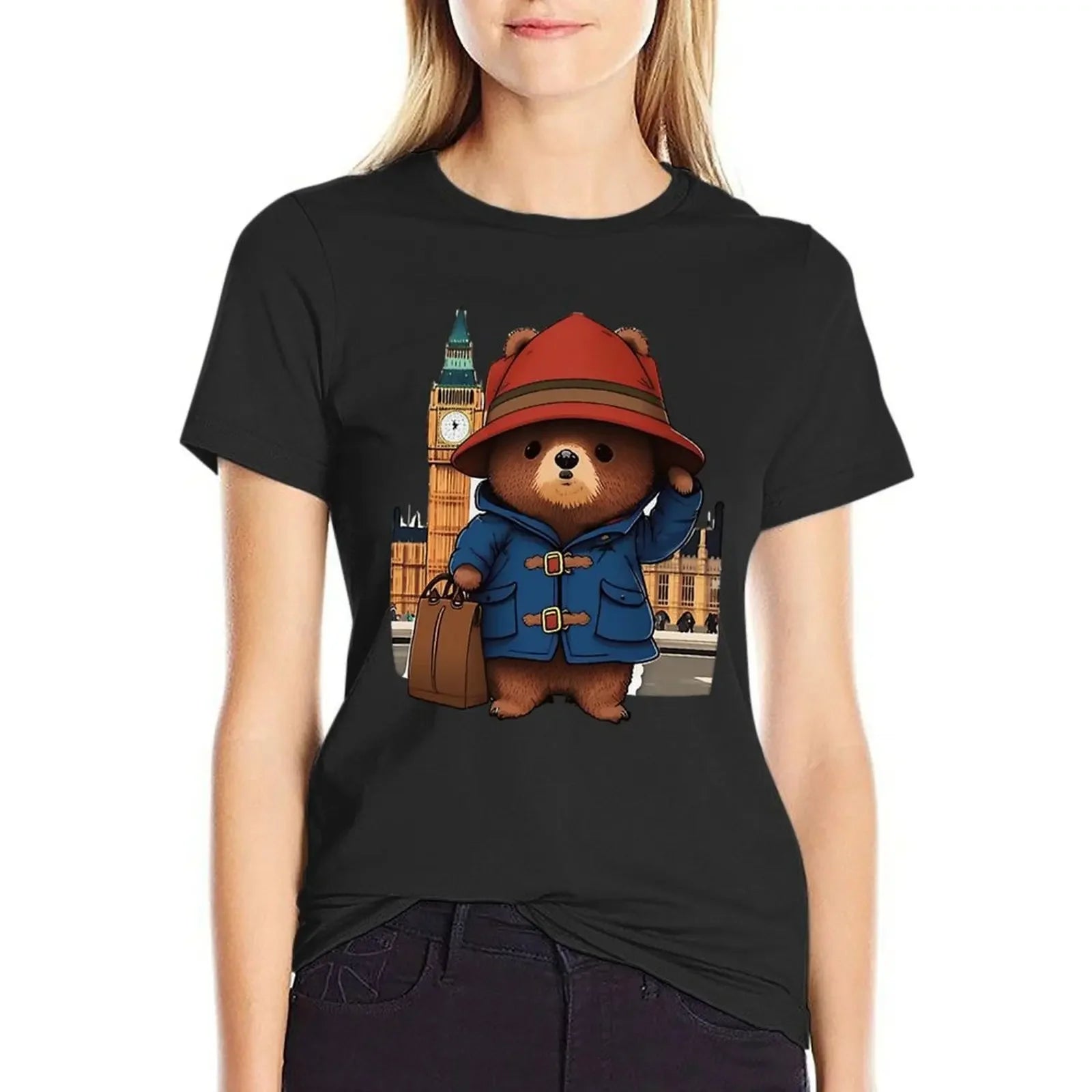 Paddington Bear in London T-shirt - Summer Clothes Hippie Clothes T-shirts for Women-Black-S-