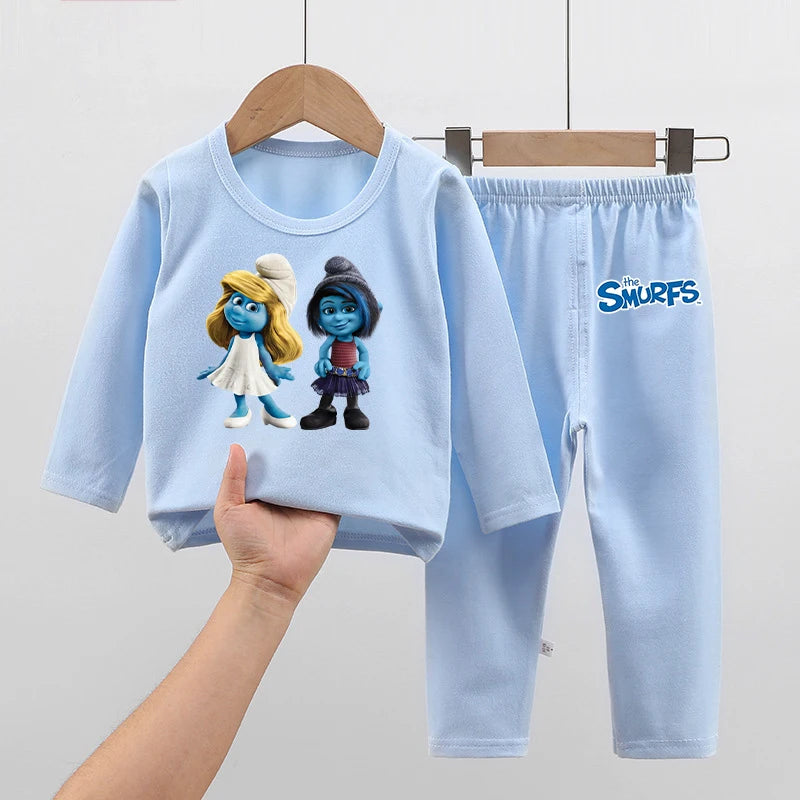 Anime Smurfs Kids Pajama Set - Long Sleeve Thicken Sleepwear Tops Pants, Cartoon Nightwear Retro Movie Gift-LJL 114-LJL 98-160-