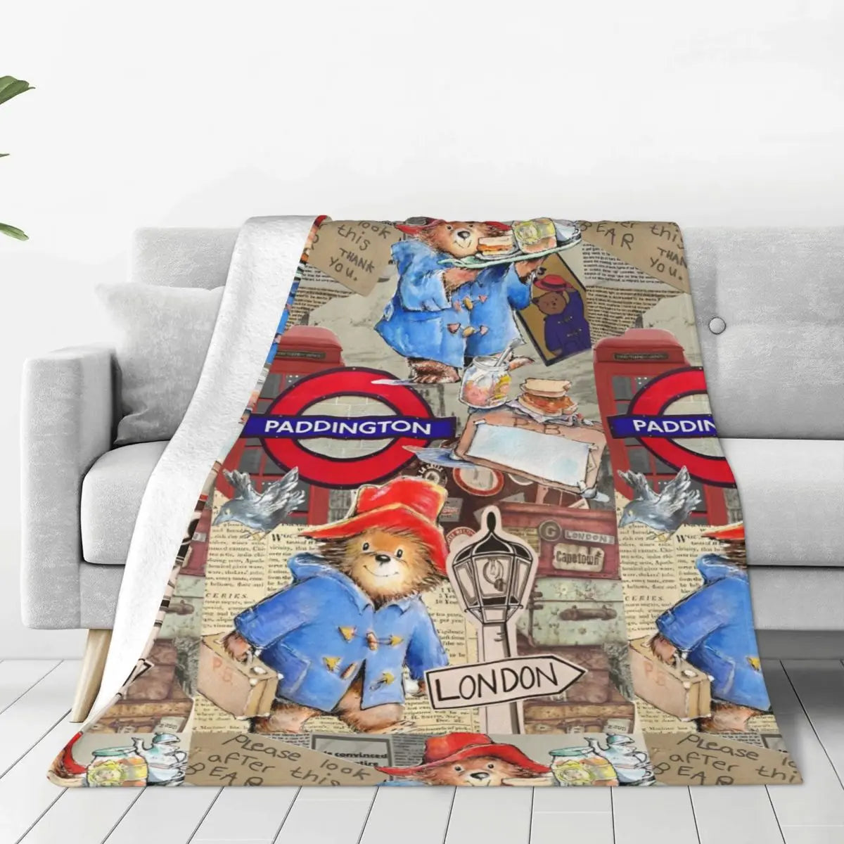 Warm Soft Blanket Picnic - Britain Paddington Brown Bear Throw Blanket Flannel Bedspread For Bedroom Print Sofa Bed Cover-11-102x127cm-