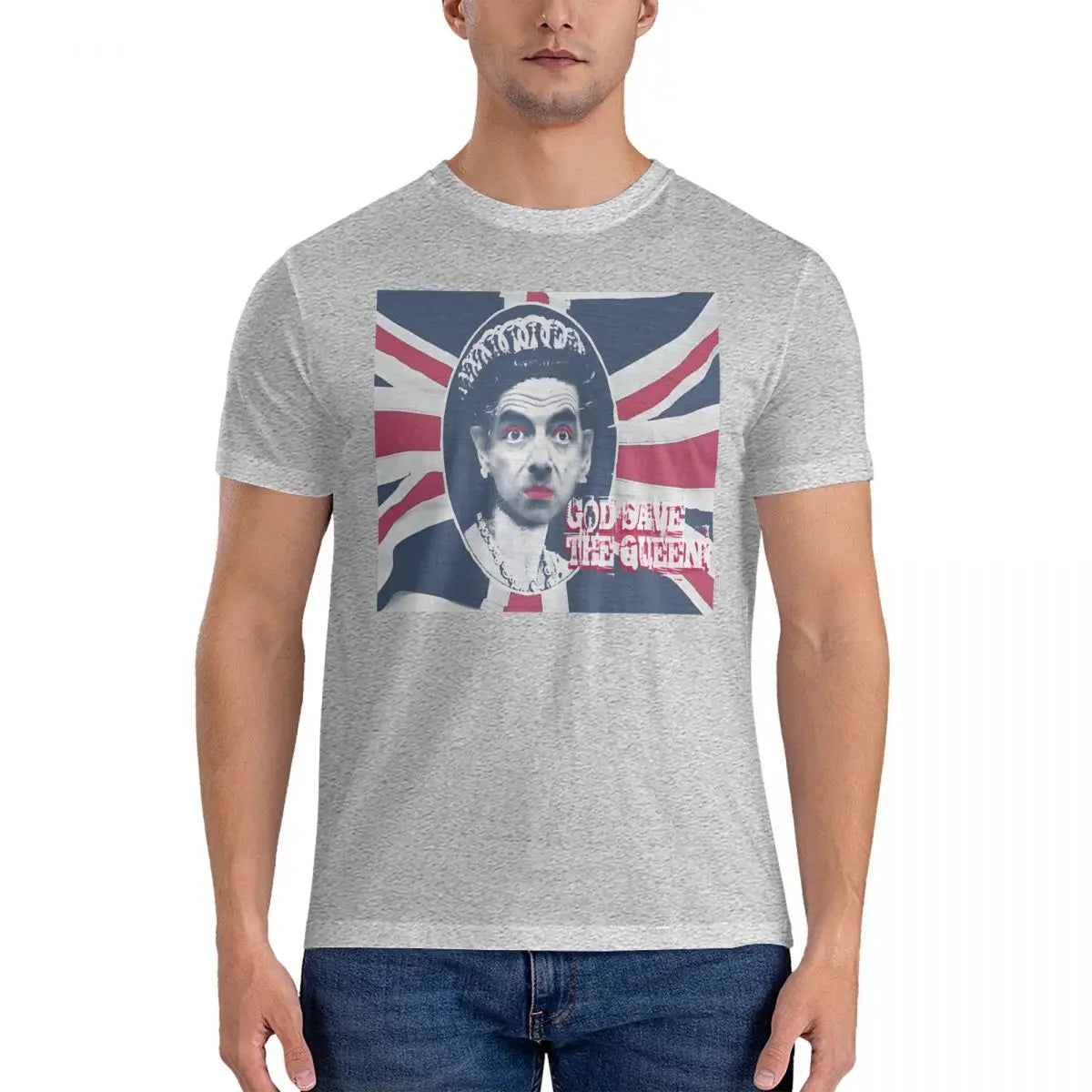 Men’s T-Shirt "God Save" – Creative Cotton Short Sleeve Round Collar Mr. Bean Tee, Perfect Gift Idea-GRAY-4XL-