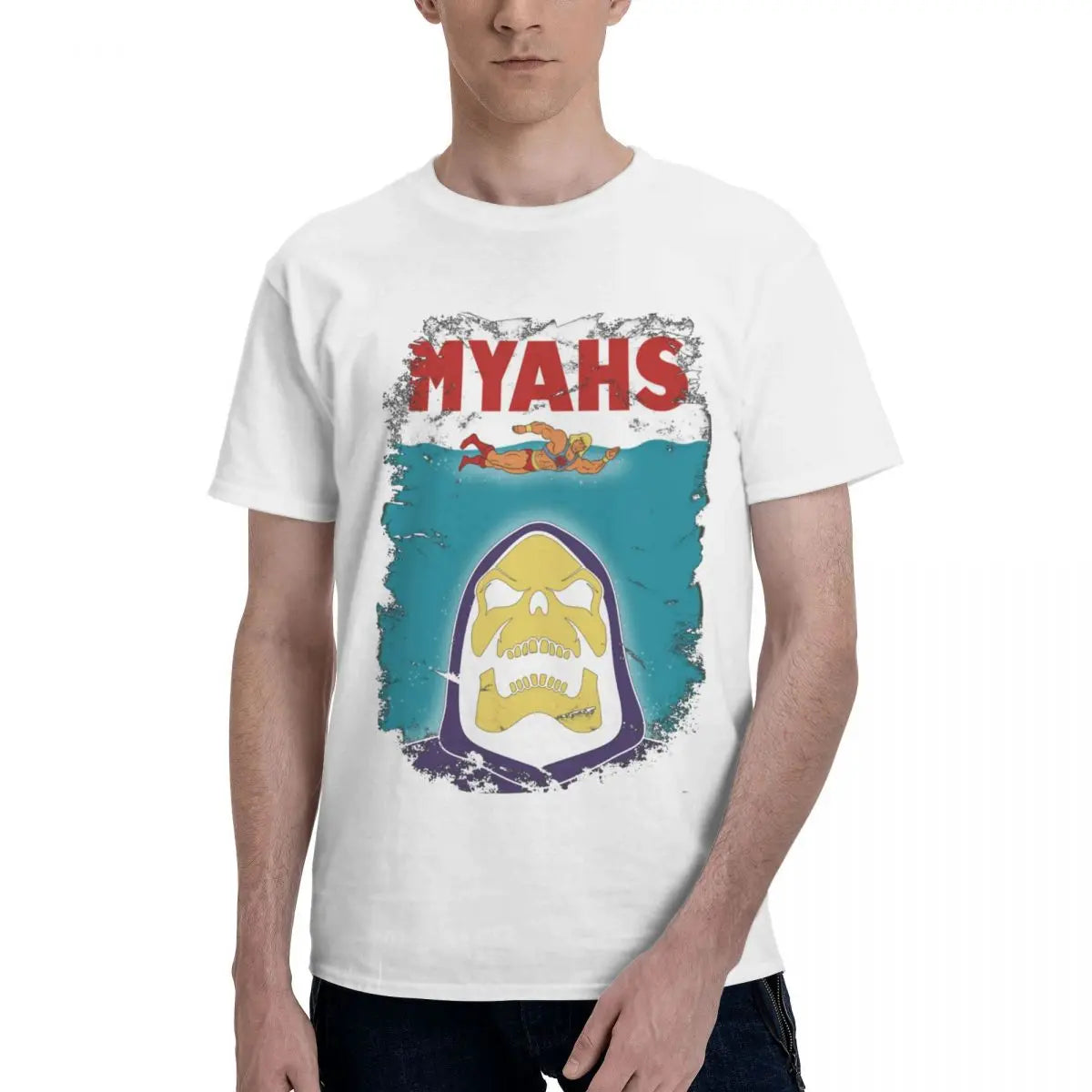 Skeletor & He-Man MYAHS T-Shirt: Masters of the Universe Jaws Parody - Cotton O-Neck Gift Tees for Men & Women-WHITE-XL-