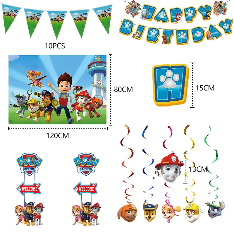 Paw Patrol Birthday Decorations Happy Birthday Backdrop Banner Plates Cups - Paper Tableware Set Balloons - Kids Boy Party Supplies-