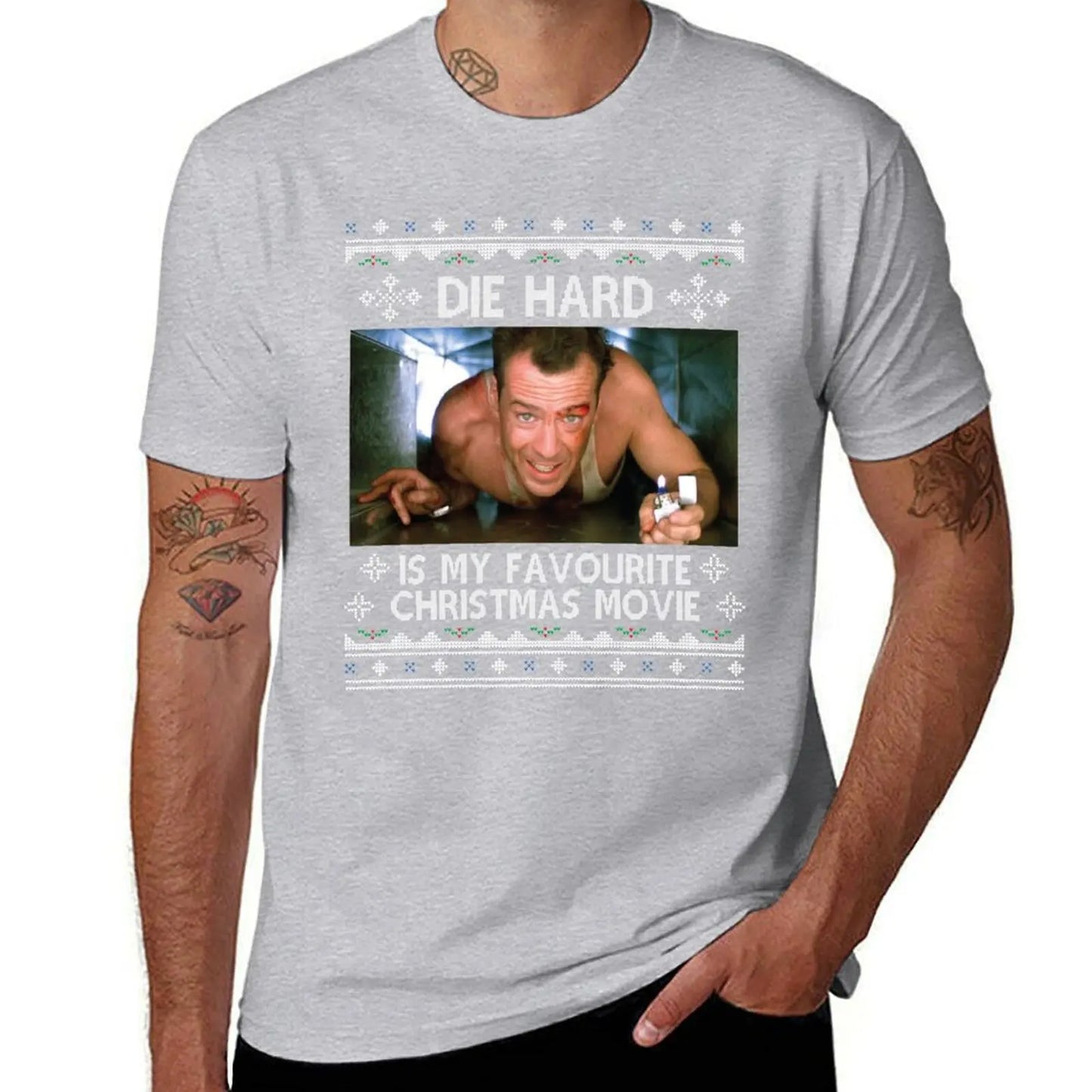 Die Hard Is My Favourite - Christmas Movie T-Shirt - Men's Tees - Short Sleeve Cotton Tops - T-Shirts for Men Pack-Gray-S-