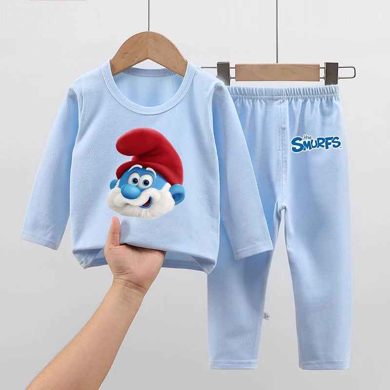 Anime Smurfs Kids Pajama Set - Long Sleeve Thicken Sleepwear Tops Pants, Cartoon Nightwear Retro Movie Gift-LJL 21-LJL 98-140-