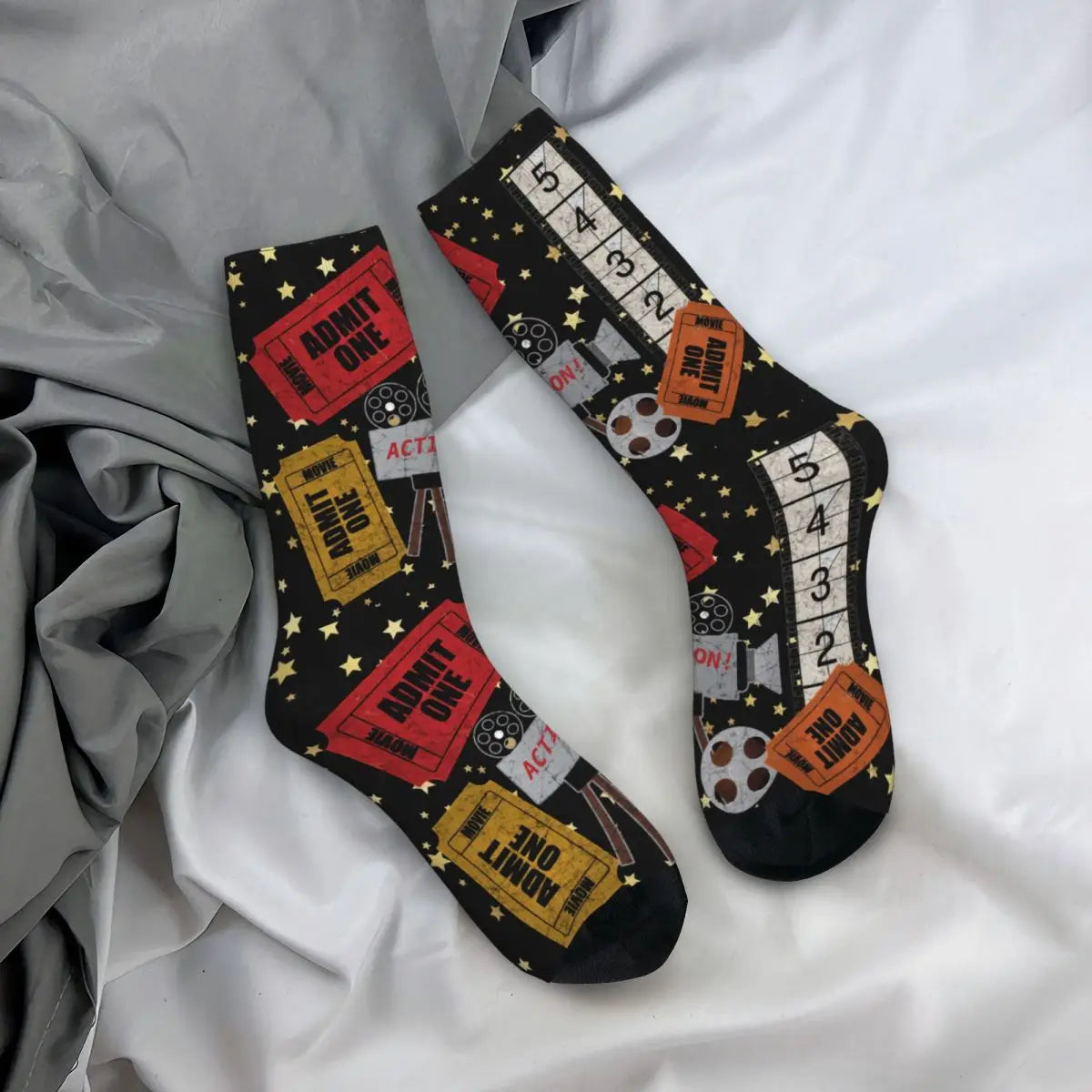 Movie Night Fashion Socks - Men & Women Vintage Film - Harajuku Middle Tube Stockings for All Seasons-WHITE-One Size-