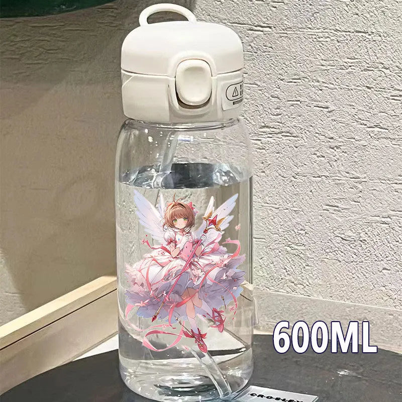 Cardcaptor Sakura Straw Water Bottle - 400ML/600ML Transparent Plastic Anti-Drop Cup for Students and Kids-6-18-