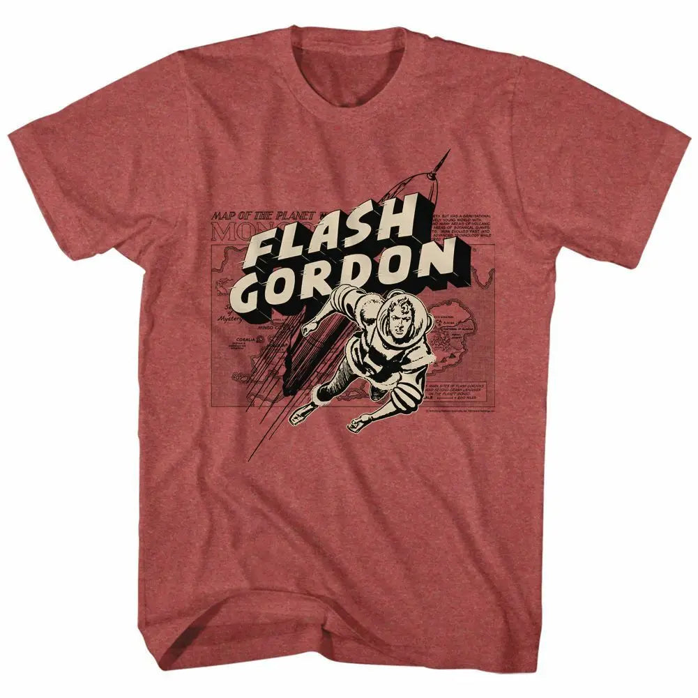 Flash Gordon Rocket Map T-Shirt - Red Heather Vintage Adventure Space Tee-