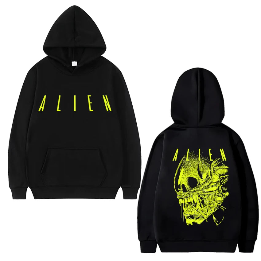 Alien Graphic Hoodie - Vintage Black Streetwear - Fleece Oversized Sweatshirt for Fans-