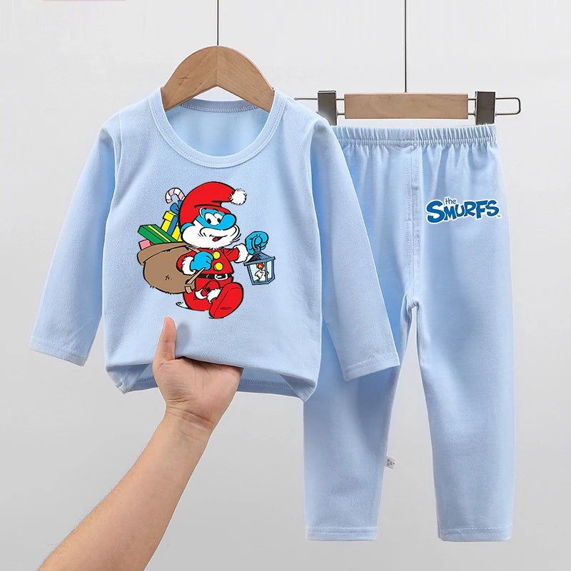 Anime Smurfs Kids Pajama Set - Long Sleeve Thicken Sleepwear Tops Pants, Cartoon Nightwear Retro Movie Gift-LJL 15-LJL 98-160-