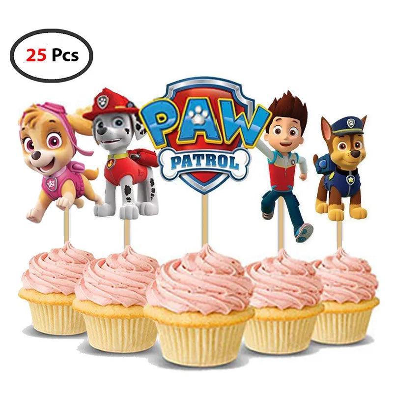 Paw Patrol Birthday Decorations Happy Birthday Backdrop Banner Plates Cups - Paper Tableware Set Balloons - Kids Boy Party Supplies-25pcs Cake topper-