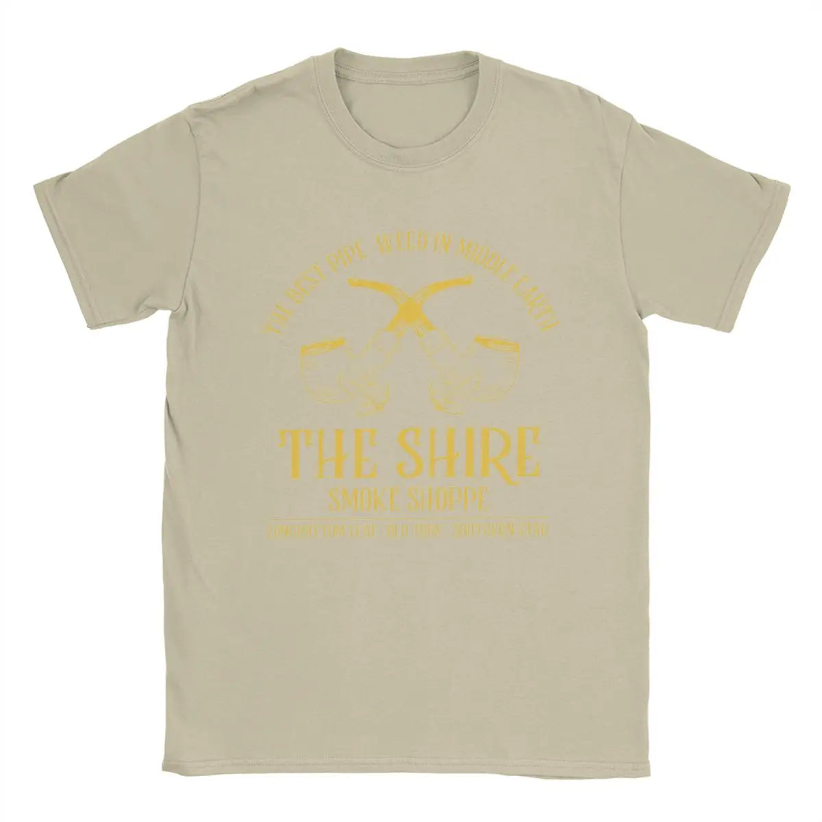 Men's T-Shirt - The Shire Smoke Shoppes - Lords of The Rings Tee - Cotton Short Sleeve Crewneck Plus Sizes-Khaki-XXL-