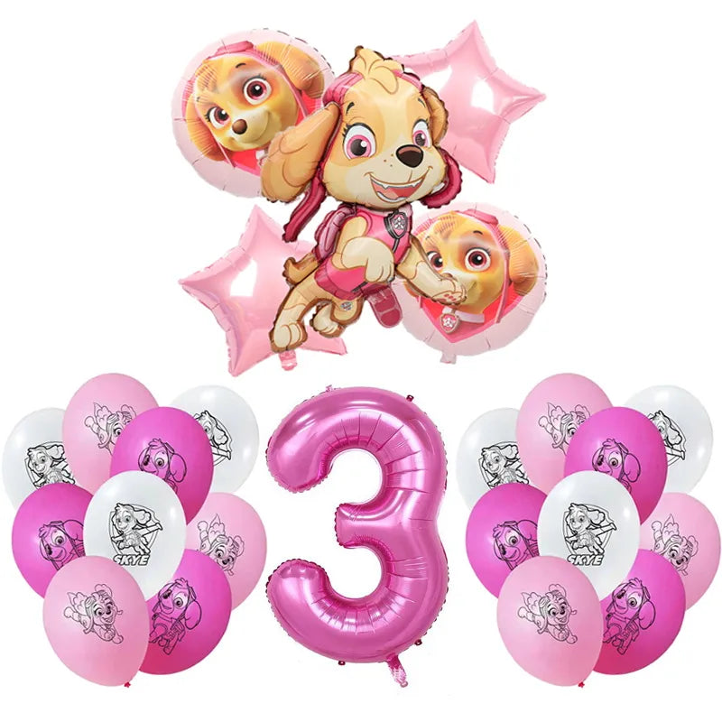 Paw Patrol Birthday Party Decoration - Girls Pink Sky Paper Cups Plates Tableware Balloons - Supplies For Kids - Baby Shower Favors-number balloon 3-