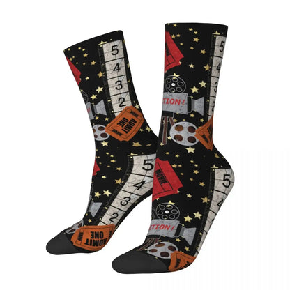 Movie Night Fashion Socks - Men & Women Vintage Film - Harajuku Middle Tube Stockings for All Seasons-WHITE-One Size-