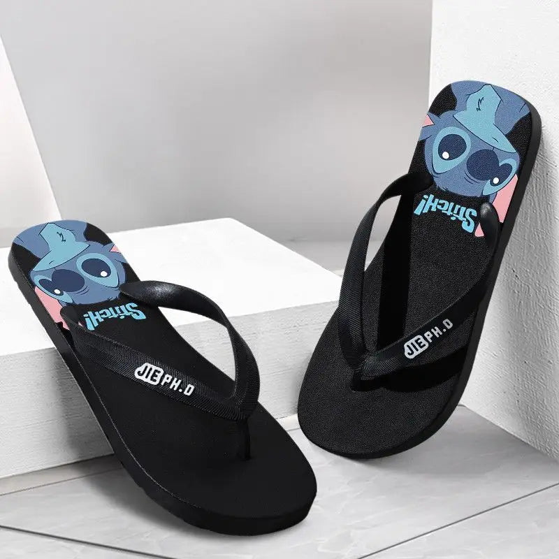 Disney Anime Stitch Casual Kawaii Flip Flop Slippers Summer Couple Outdoor Indoor Bathroom Soft Bottom Foot Clip Cool Slippers-