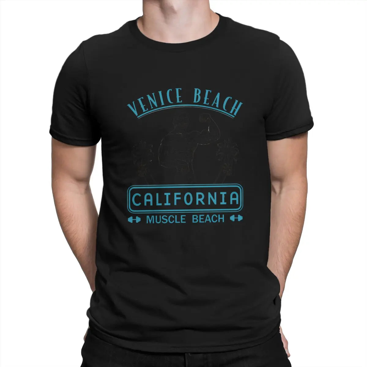 Arnold Schwarzenegger Muscle Beach T-Shirt - Grunge Summer Harajuku Tee for Men-Black-Asian Size M-