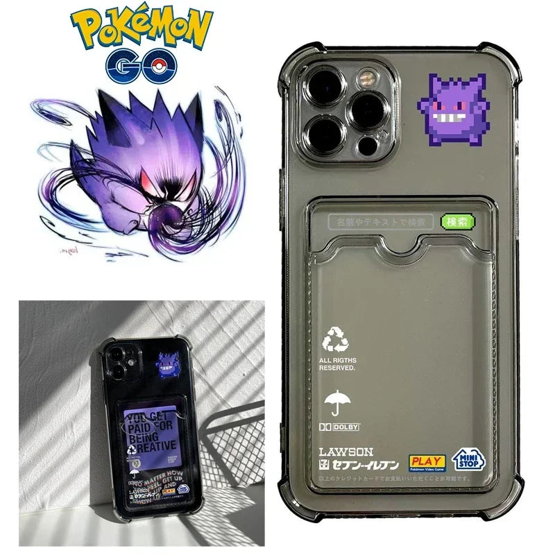 Cartoon Pokémon Gengar Phone Case for iPhone 14 Pro 13 11 12 Pro Max - Transparent ID Card Cover, Protective Case-