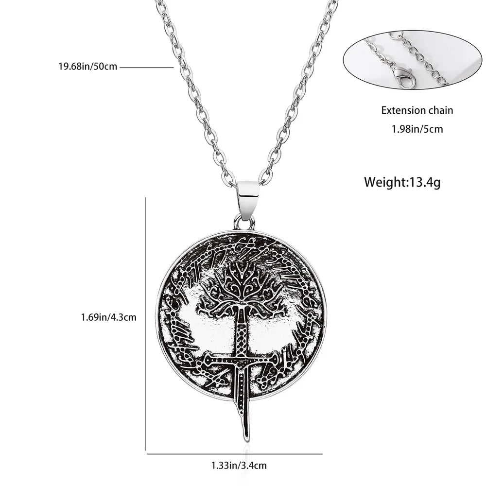 New Tree of Gondor - The Rings Power Necklace - Narsil Flame of the West - Silver Plated Broken Sword Pendant-