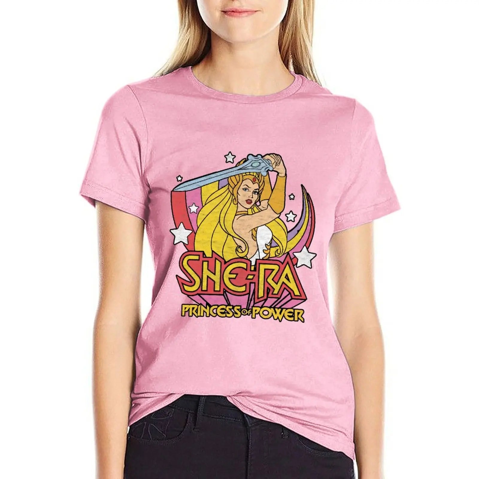 She-Ra Rainbow Sword Oversized T-Shirt: Princess of Power Graphic Blouse for Women - She Has The Power - Gift-Pink-XXXL-