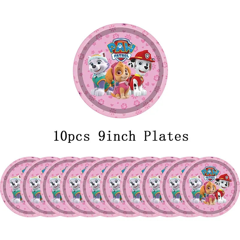 Paw Patrol Birthday Party Decoration - Girls Pink Sky Paper Cups Plates Tableware Balloons - Supplies For Kids - Baby Shower Favors-10pcs 9inch plates-