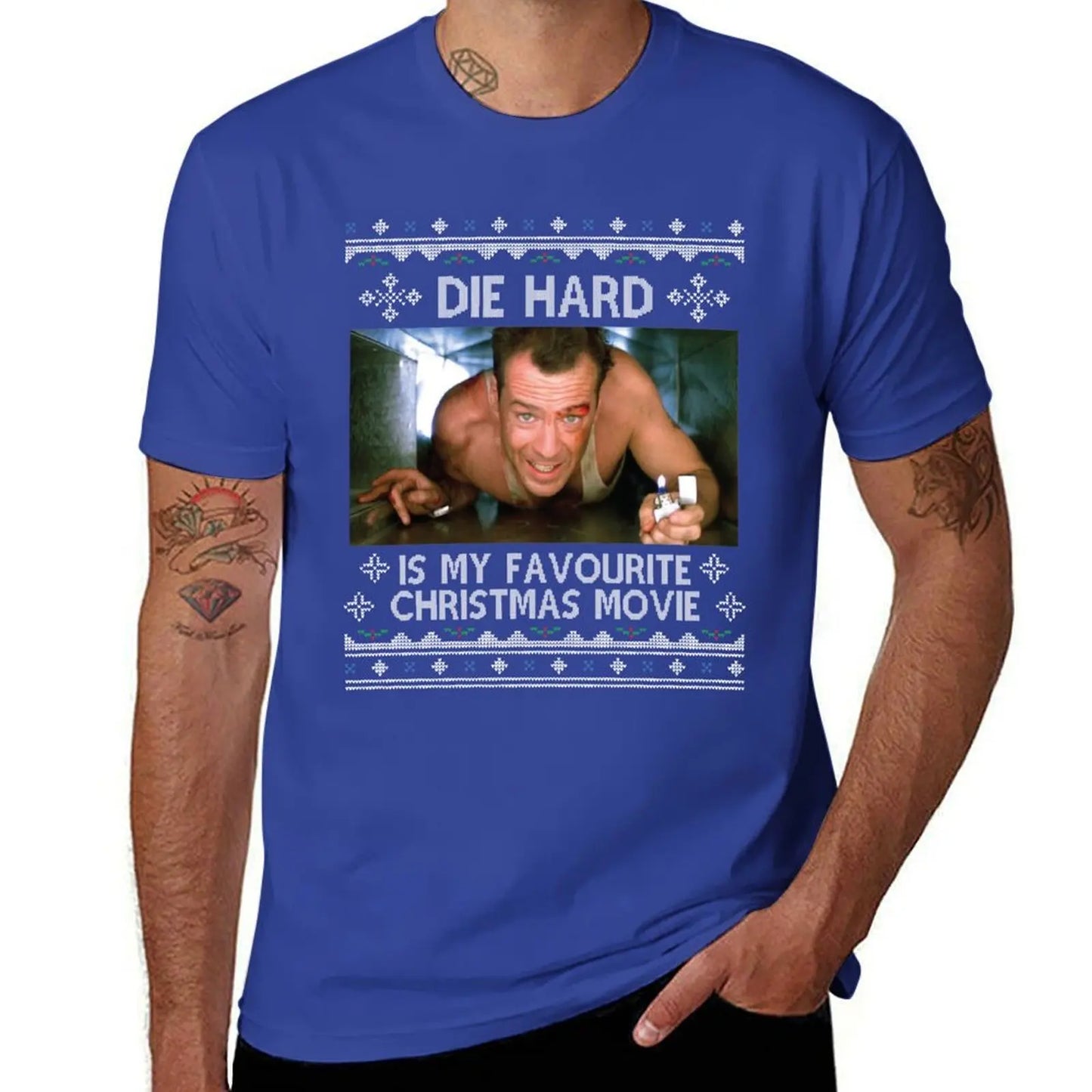 Die Hard Is My Favourite - Christmas Movie T-Shirt - Men's Tees - Short Sleeve Cotton Tops - T-Shirts for Men Pack-Blue-S-