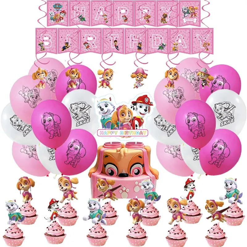 Paw Patrol Birthday Party Decoration - Girls Pink Sky Paper Cups Plates Tableware Balloons - Supplies For Kids - Baby Shower Favors-