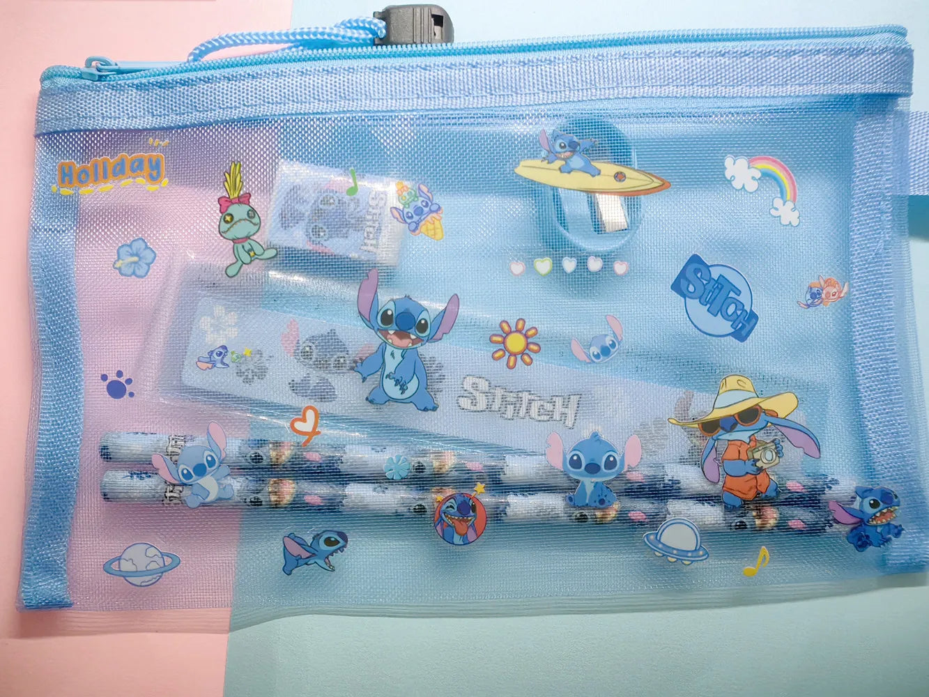 7pcs Stitch Stationery Bag Set - Anime Kids Pencil Box Stickers Figure Toys Gift Set-