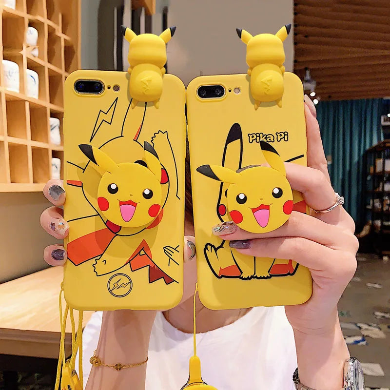 For iPhone 6 6s 7 8 X Xs Max XR 11 12 13 14 15 16 Pro Max SE - Pokémon Pikachu Phone Case with Holder Rope-