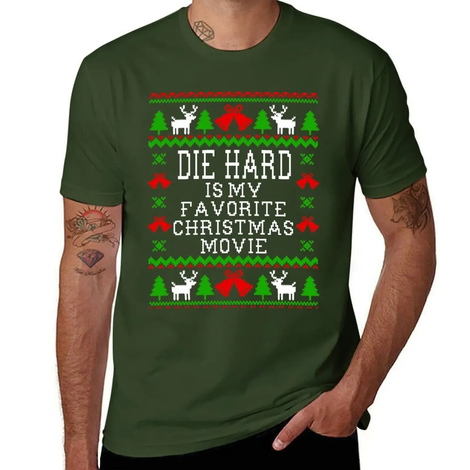 Die Hard Is My Favorite - Christmas Movie - Ugly Christmas Sweater Style T-Shirt - Plain Essential Tee - Men's T-Shirt-Army Green-6XL-