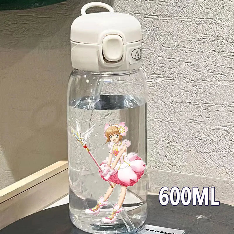 Cardcaptor Sakura Straw Water Bottle - 400ML/600ML Transparent Plastic Anti-Drop Cup for Students and Kids-6-8-