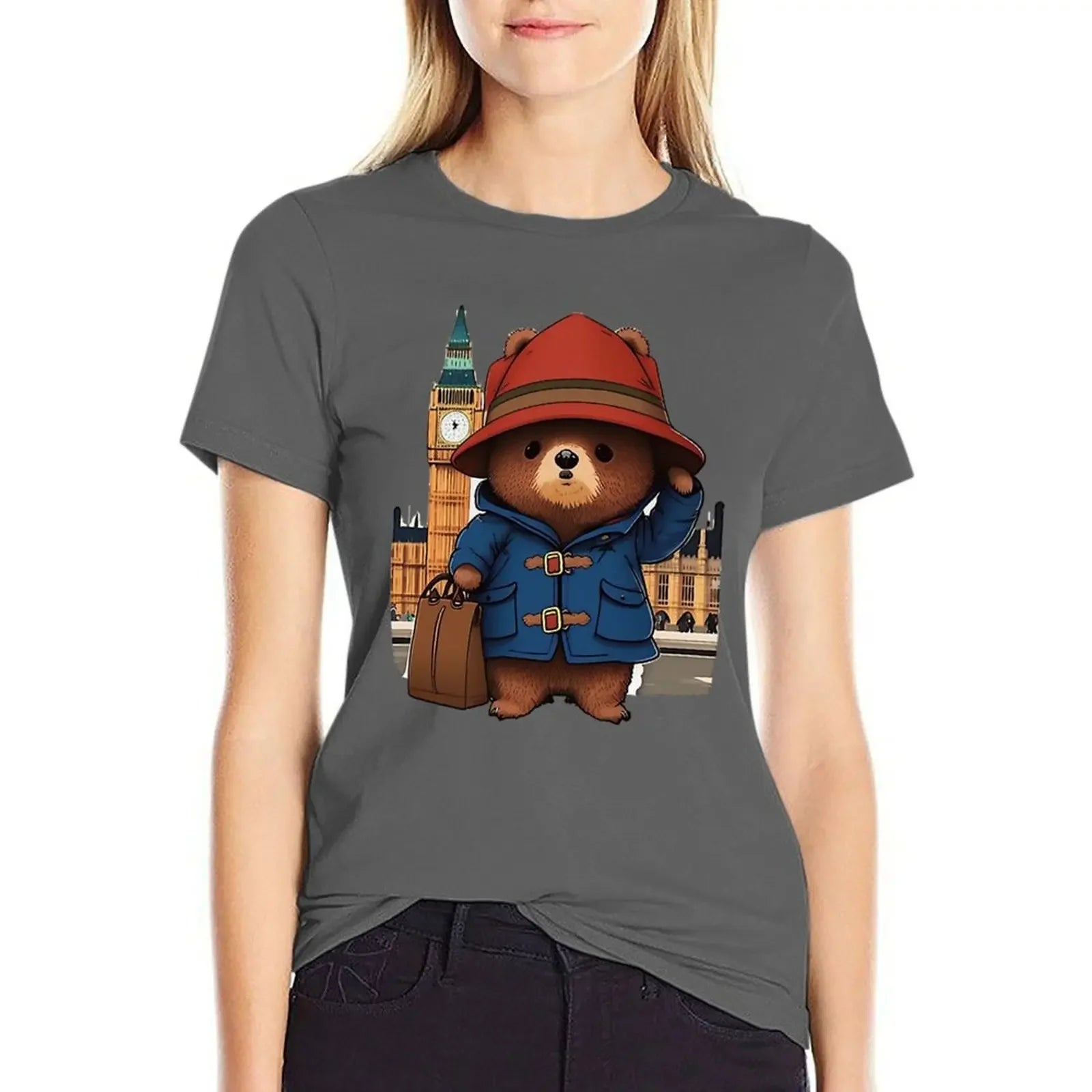 Paddington Bear in London T-shirt - Summer Clothes Hippie Clothes T-shirts for Women-Dark Gray-S-