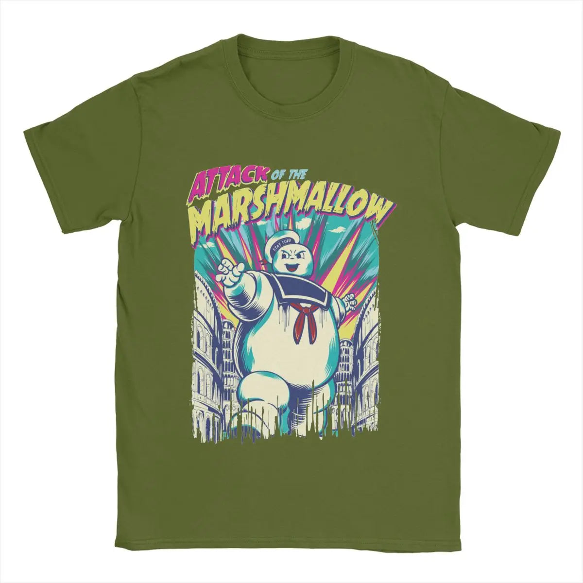 Marshmallow Attack Ghostbusters T-Shirt - Men’s Novelty Short Sleeve Graphic Tee-army green-XXL-