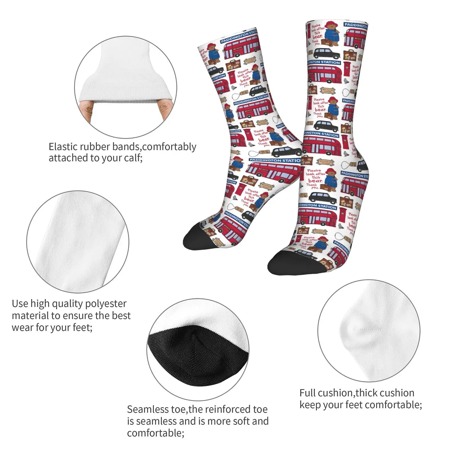 Britain Paddington Brown Bear Autumn Winter Cool Unisex Socks - Cute Movie Cartoon Non-slip Soccer Socks-As Shown-One Size-