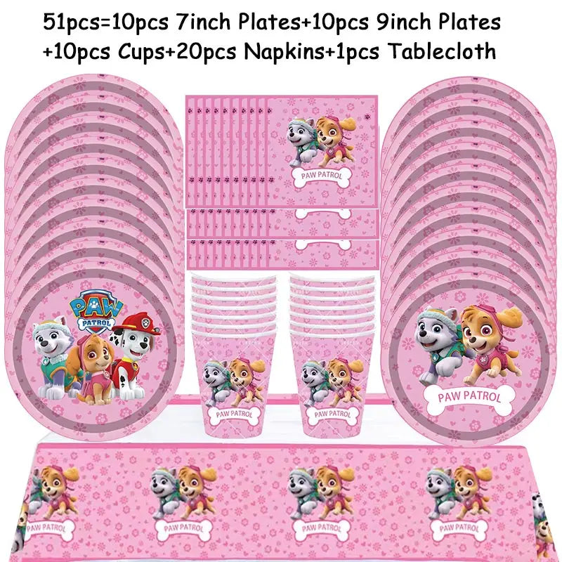 Paw Patrol Birthday Party Decoration - Girls Pink Sky Paper Cups Plates Tableware Balloons - Supplies For Kids - Baby Shower Favors-51pcs set-