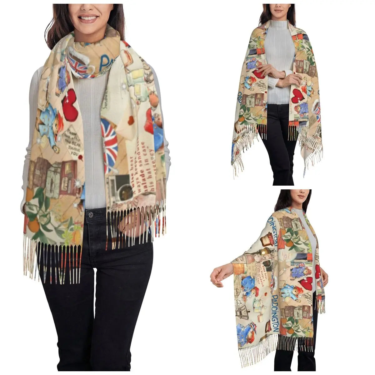 Womens Tassel Scarf Britain Paddington Brown Bear - Long Soft Warm Shawl and Wrap Cute Movie Cartoon Daily Wear Cashmere Scarf-As Shown-One Size-