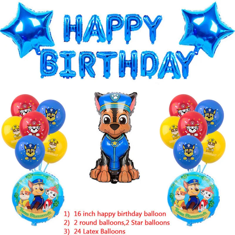 PAW Patrol Birthday Party Decoration Kids Toy Hat Gift - Aluminum Foil Balloon Disposable Tableware - New Banner Boy Event Supplies-Blue Dog HP-31pcs-