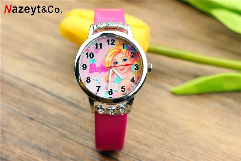 Barbie Watch - Cute Cartoon Design for Girls - Silicone Strap (Many Colours) Wristband - Diamond Accents - Student Accessories for Kids-Y033-7-