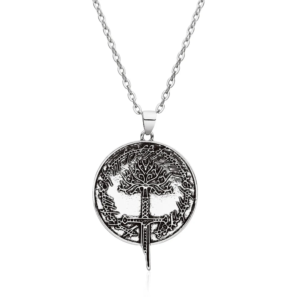 New Tree of Gondor - The Rings Power Necklace - Narsil Flame of the West - Silver Plated Broken Sword Pendant-