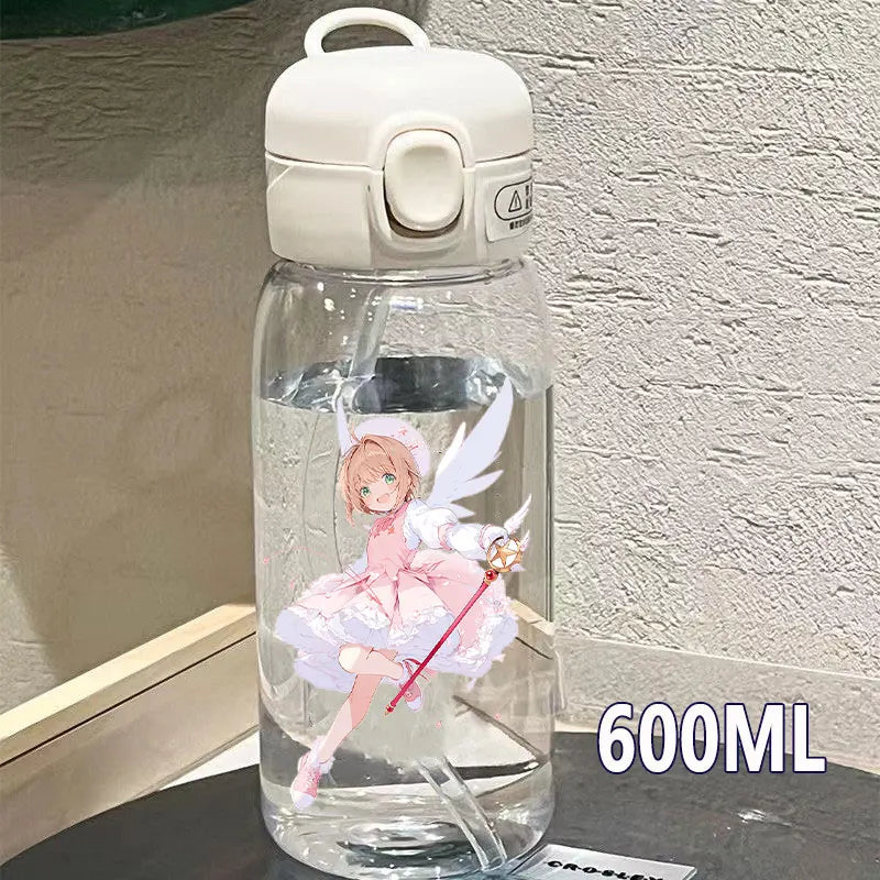 Cardcaptor Sakura Straw Water Bottle - 400ML/600ML Transparent Plastic Anti-Drop Cup for Students and Kids-6-10-